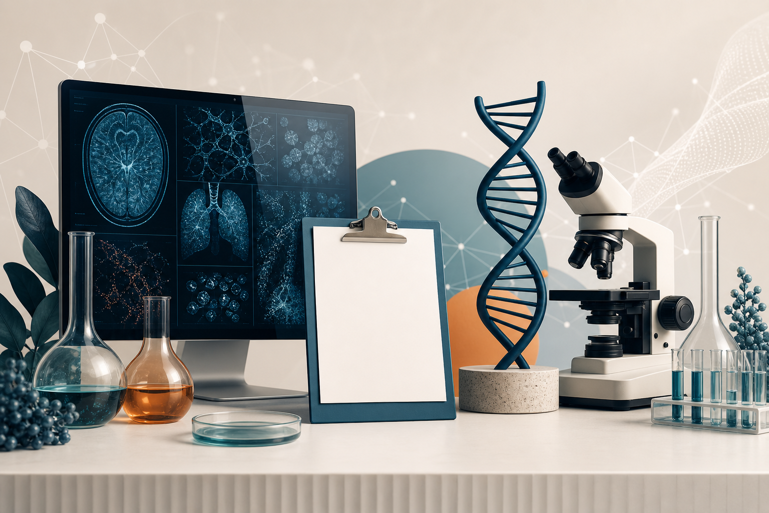 Editorial image showing clinical research notes, lab materials, and evidence markers for the Health and Science beat