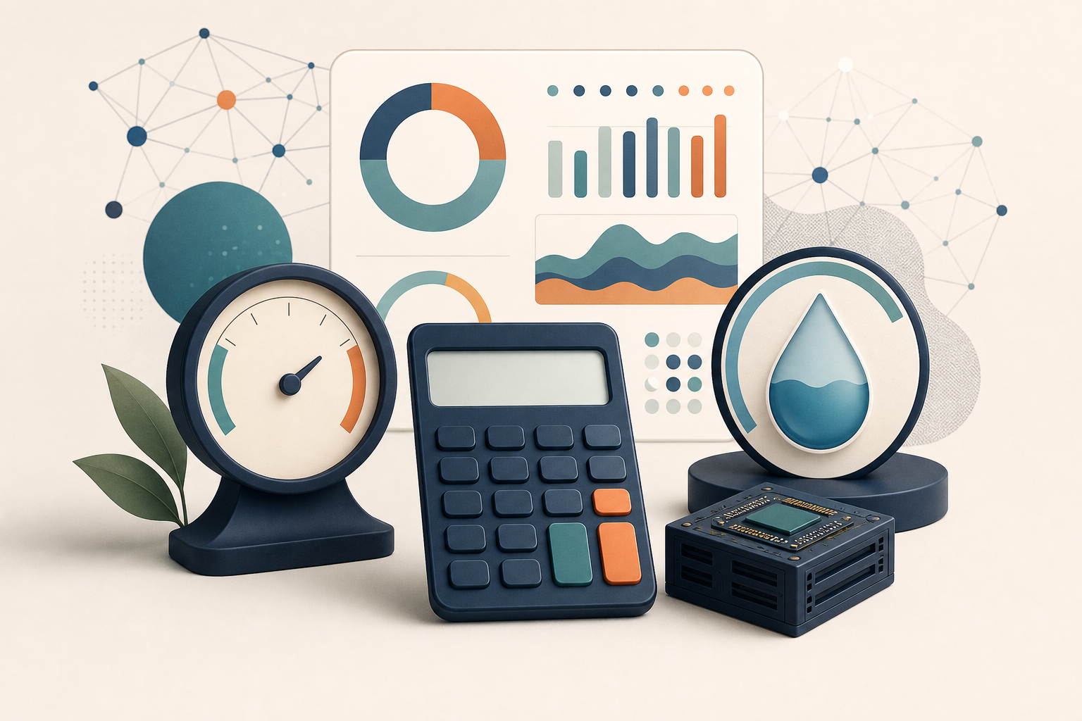 Editorial image showing a calculator, energy meter, water gauge, and chip for AI footprint estimation