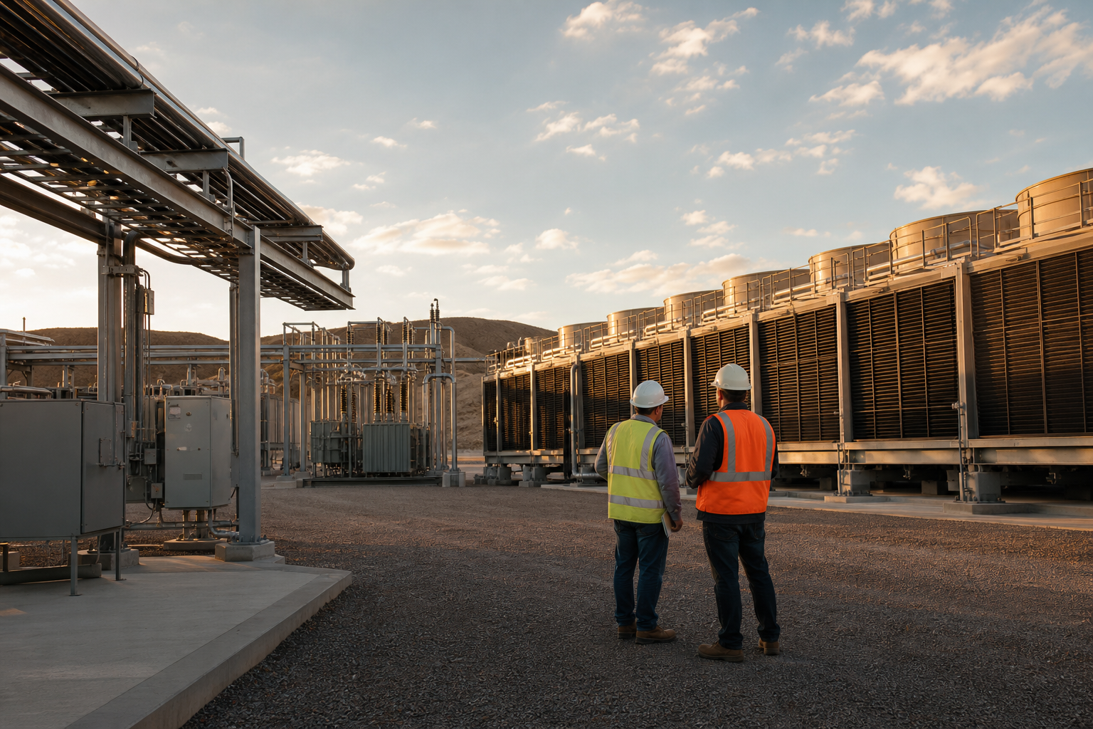 Editorial scene of workers reviewing power and cooling infrastructure at a modern data center