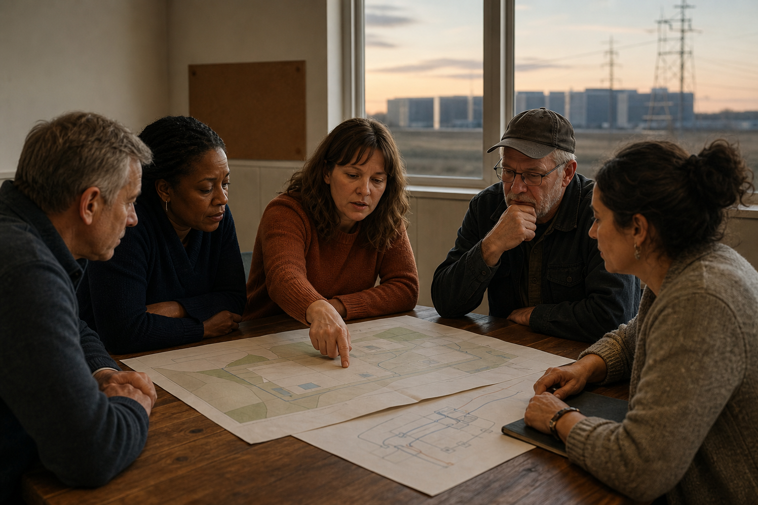 Residents review infrastructure plans at a community table with a data-center campus visible through a window
