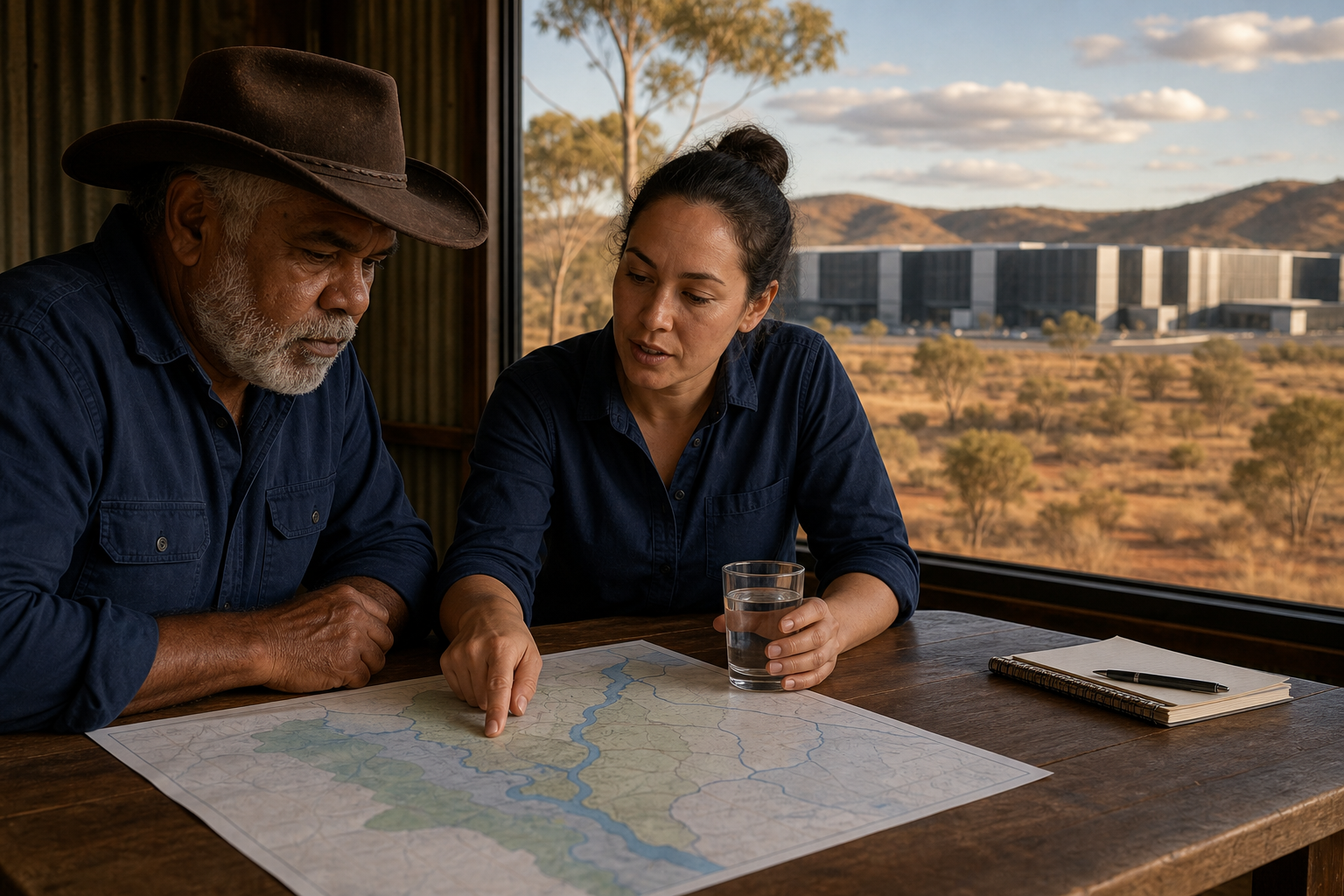 Two community members study a watershed map and water sample with a data-center campus visible beyond