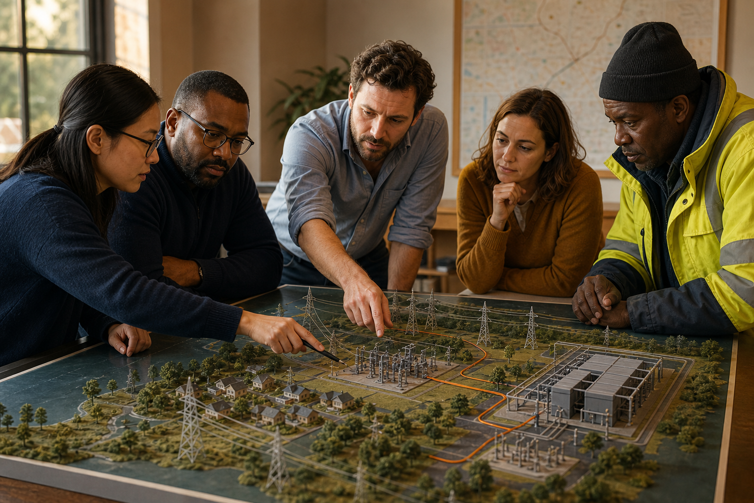 Utility planners and workers examine a tabletop model linking homes, the power grid, and a data-center campus
