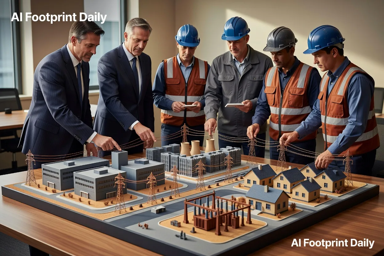 Financiers, utility planners, and workers review a tabletop model of an AI data-center campus linked to homes and the power grid