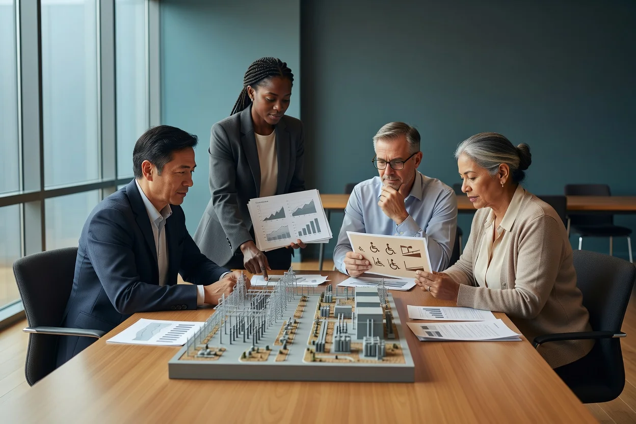 Workers, a utility planner, a clinician, and an educator examine charts, a power-grid model, and accessibility tools tied to AI's workplace and public impact