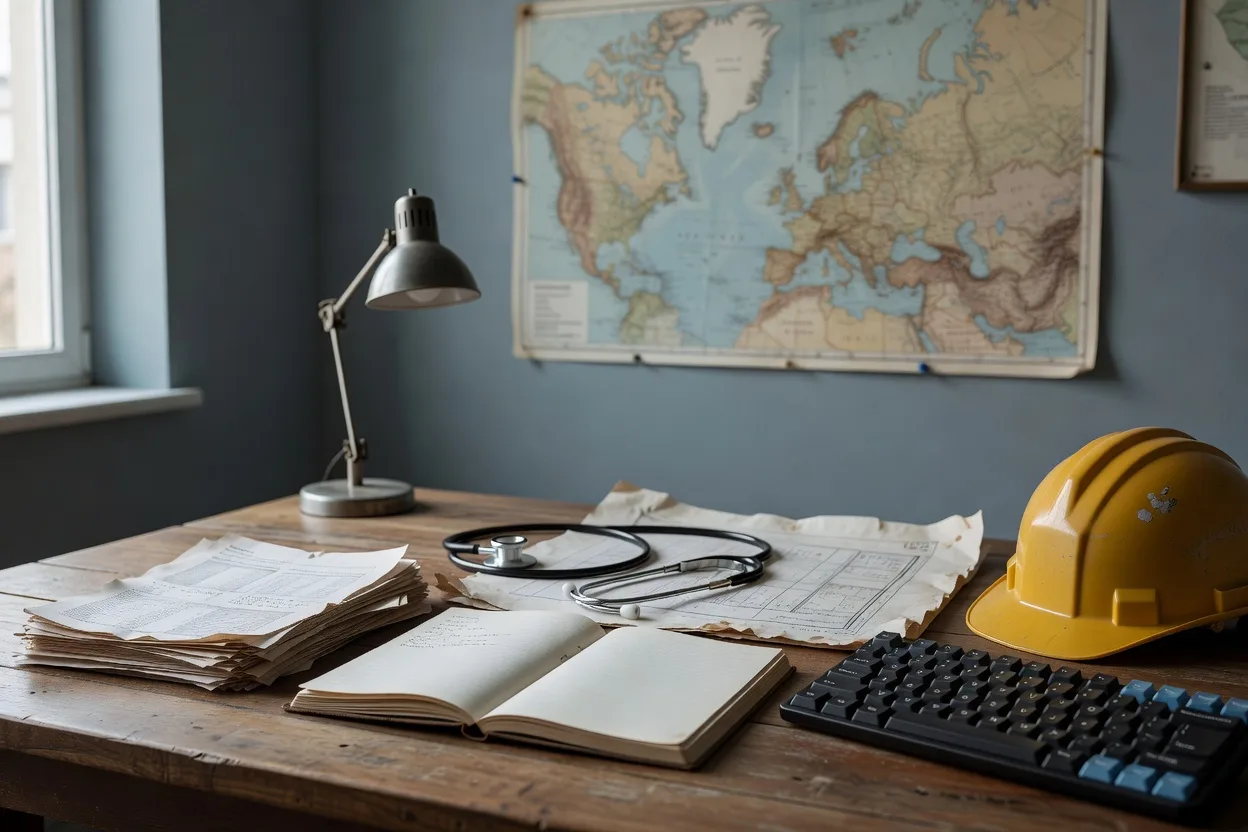 Source documents, a policy timeline notebook, a utility blueprint, a clinician's tools, and a school laptop arranged on a desk for an AI impact edition