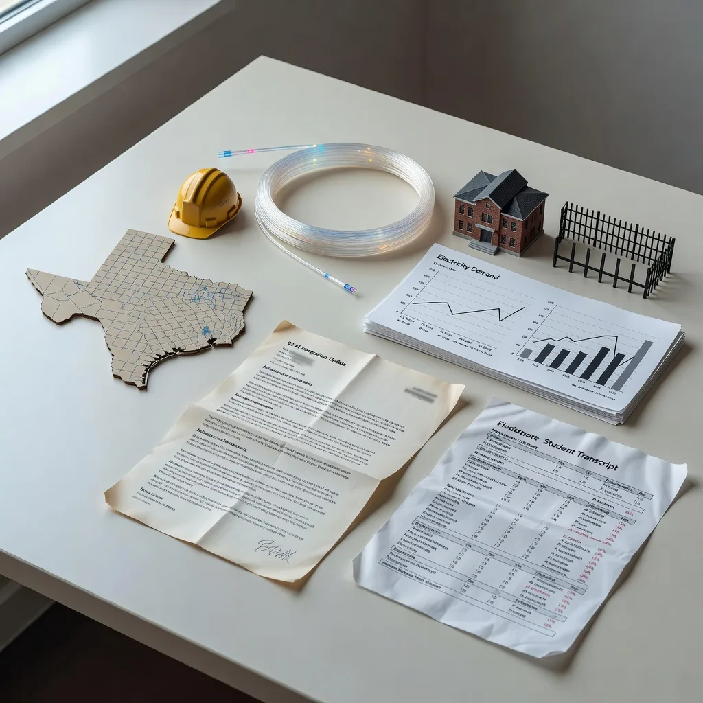 Editorial still life with EU transparency labels, an electricity demand chart, BLS occupation bars, a clinical AI tablet, and school media-literacy notes