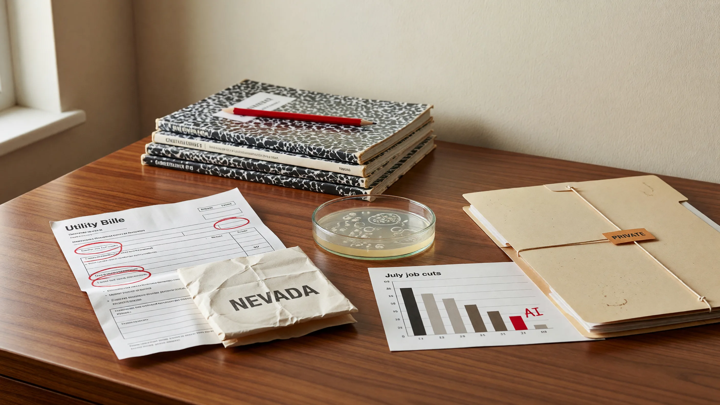 Editorial still life with a utility bill, job-cut chart, sealed policy folder, phage petri dish, and classroom books