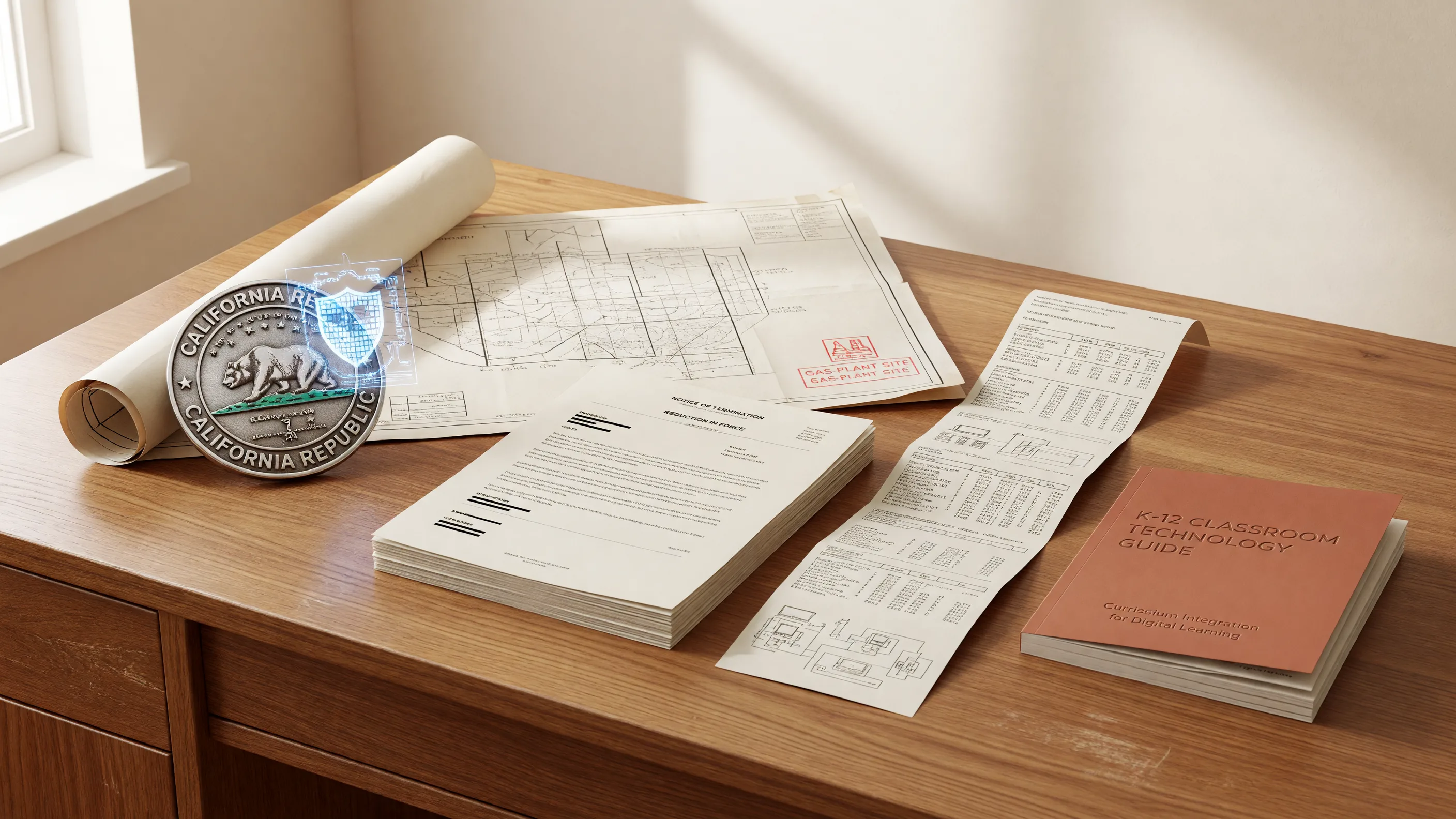 Editorial still life with a California cyber shield, Texas gas-plant blueprint, layoff notices, research-database terminals, and a classroom technology guide