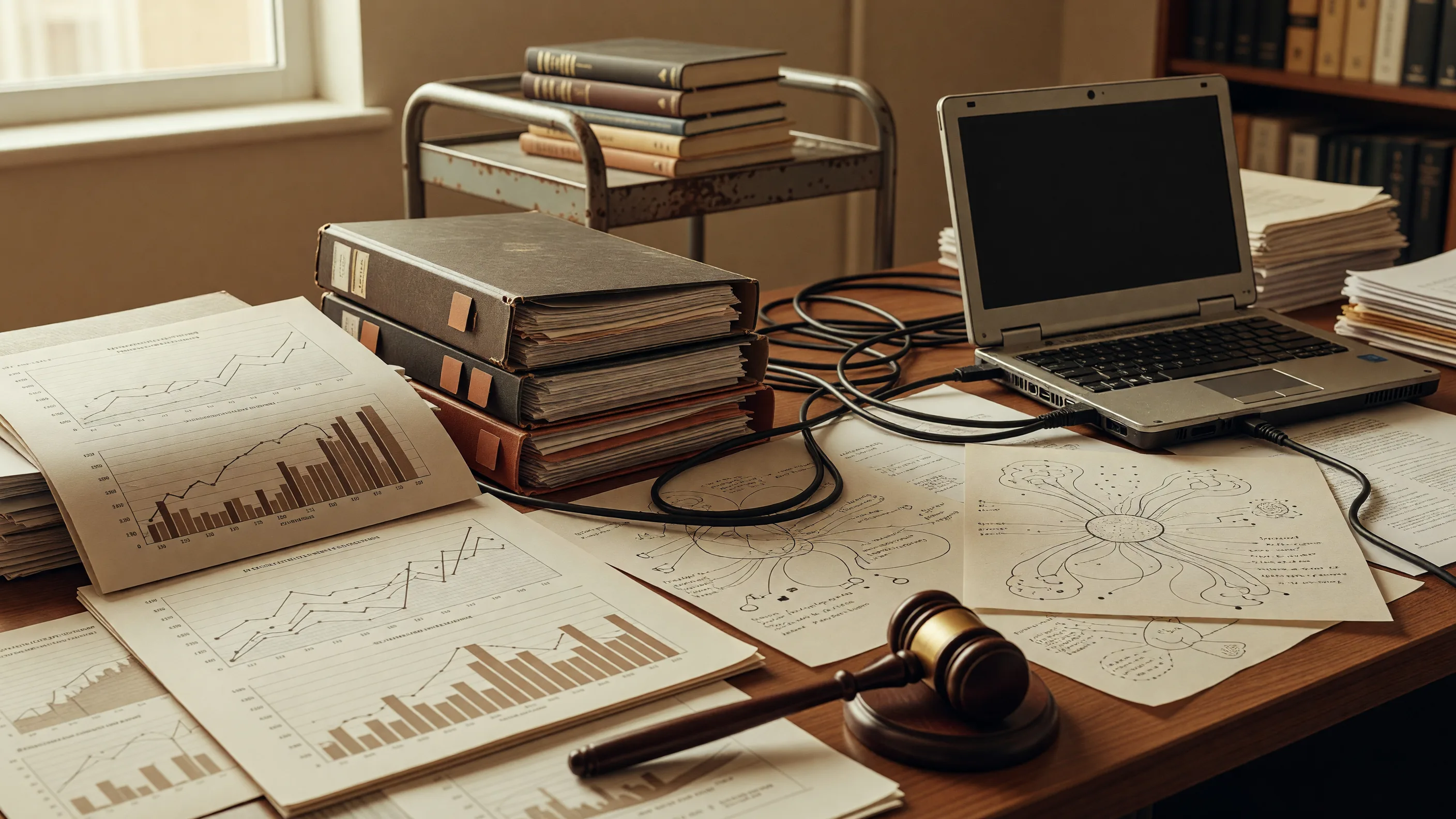 Editorial still life with Fed indicator charts, utility rate case binders, agent evaluation sandboxes, tumor RNA concept maps, school procurement carts, and a student senate gavel