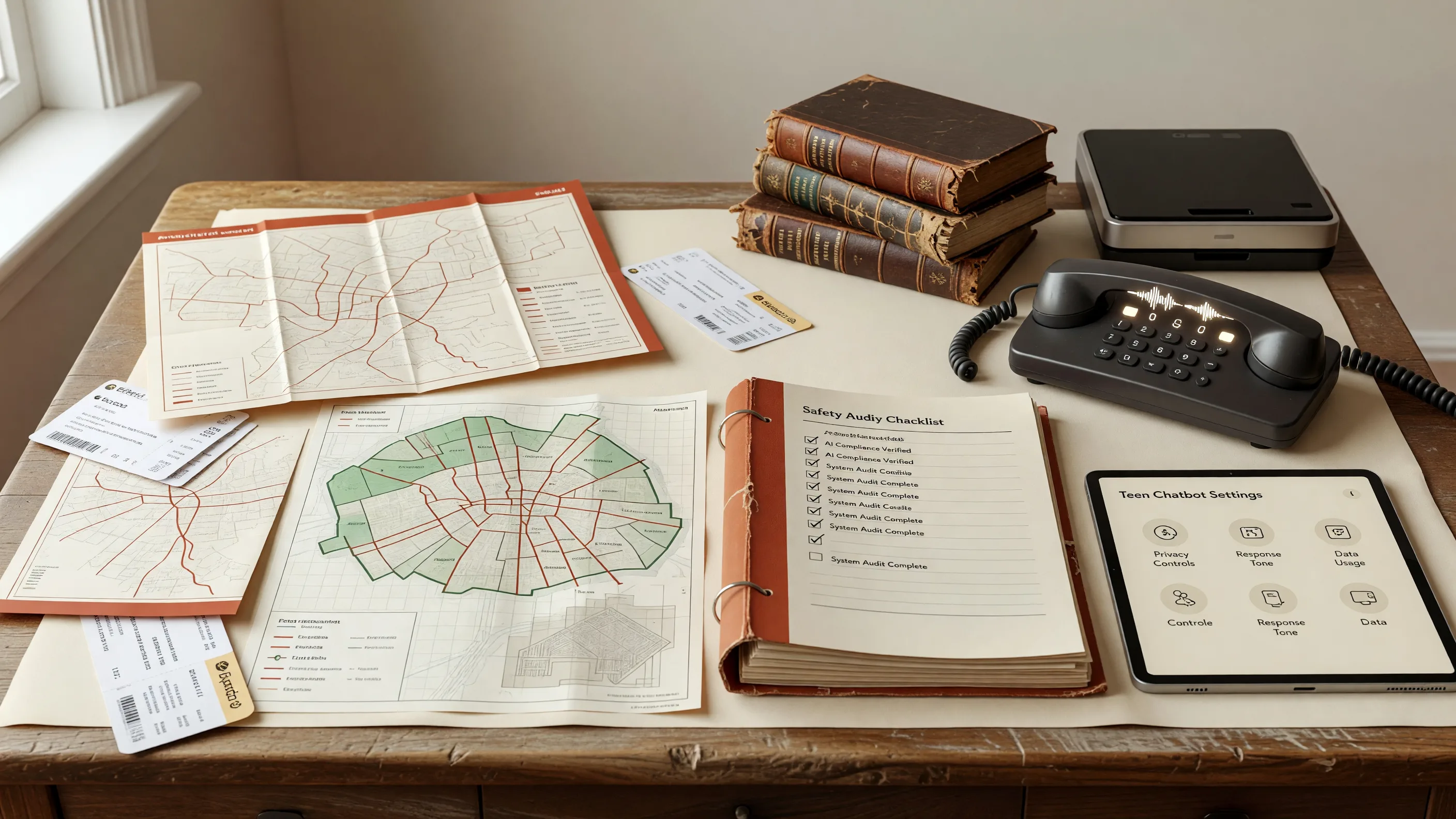 Editorial still life with humanoid robot silhouette, power-grid load chart, datacenter financing stack, cyber lock broken from a sandbox, EU transparency labels, clinical benchmark cards, and a seminar reading list