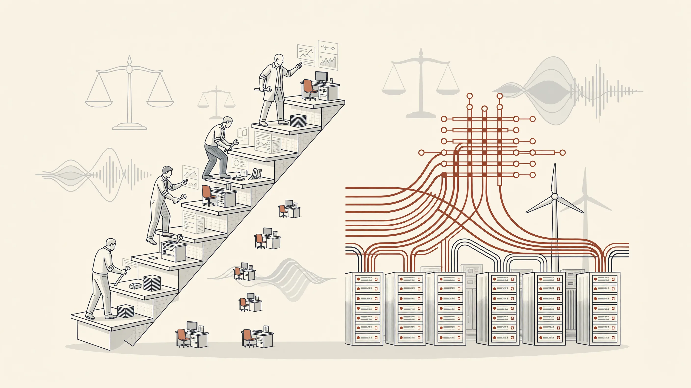 Editorial still life with youth job ladder, UK datacentre cooling towers, transmission wires, courtroom gavel, medical OSCE checklist, and vinyl chart rankings