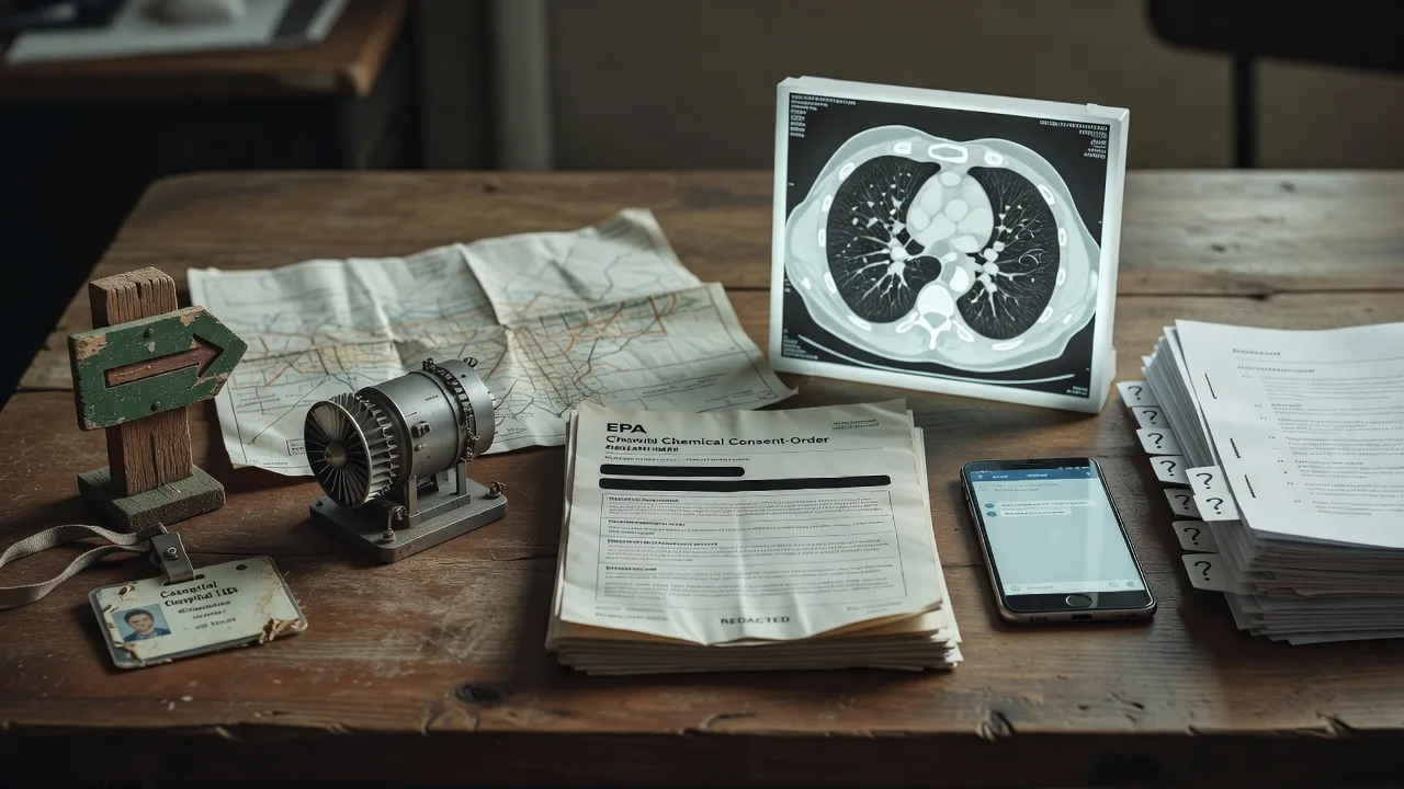 Editorial still life with a nature-reserve trail marker, caregiver ID badge, gas-turbine model, redacted EPA packet, radiology lightbox, and a blank chatbot thread