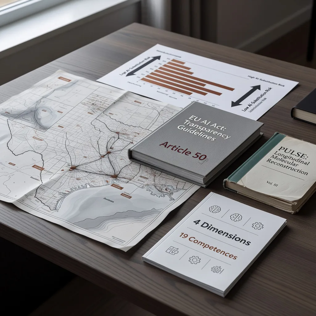 Editorial still life with EIA U.S. load and ERCOT price charts, ECB labor reallocation figures, EU Article 50 transparency guidelines, a Nature Computational Science PULSE research notebook, and an AILit education framework booklet