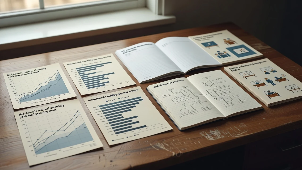 Editorial still life with a PJM Mid-Atlantic peak-load chart, OECD AI Capability Gap occupational map, NIST public-facing AI documentation draft, an npj Digital Medicine adaptive platform-trial notebook, and Egypt’s national AI teacher competency booklet