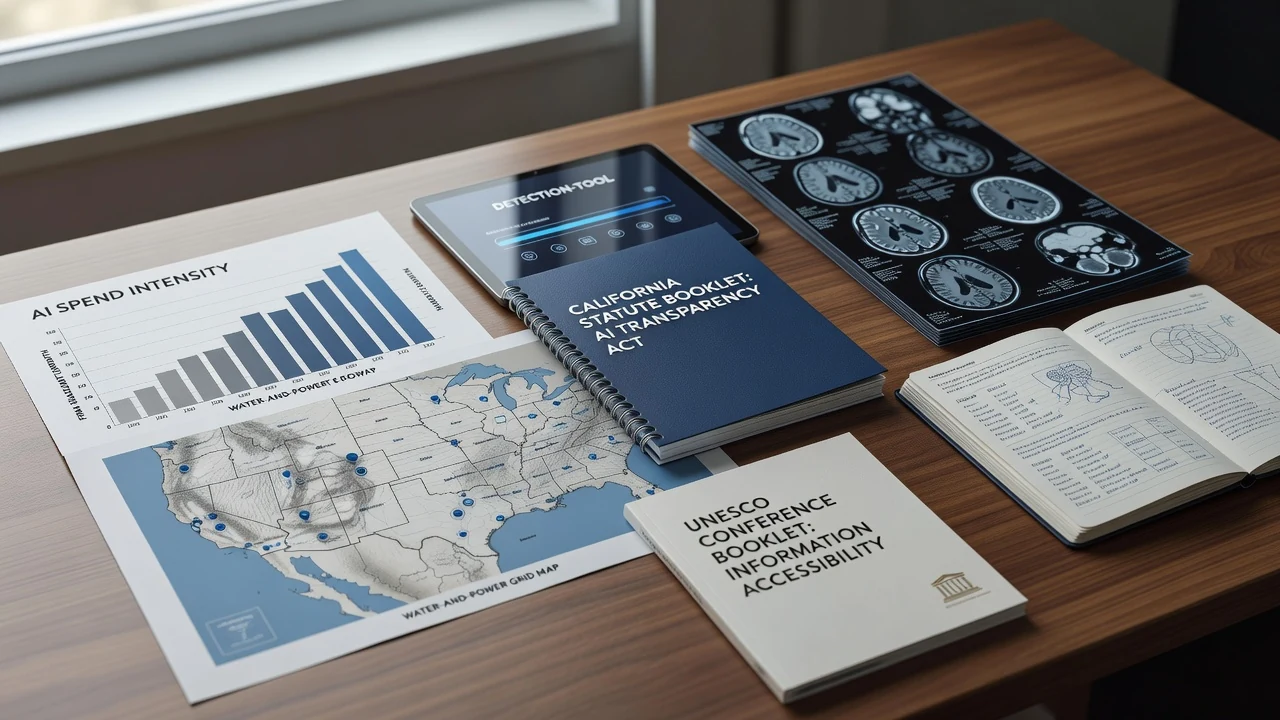 Editorial still life with a Ramp–Revelio firm headcount chart, Ceres grid-water inventory for data-center electricity, California AI Transparency Act disclosure tools, a Nature Medicine NeuroVFM neuroimaging stack, and a UNESCO AI4IA information-accessibility conference booklet