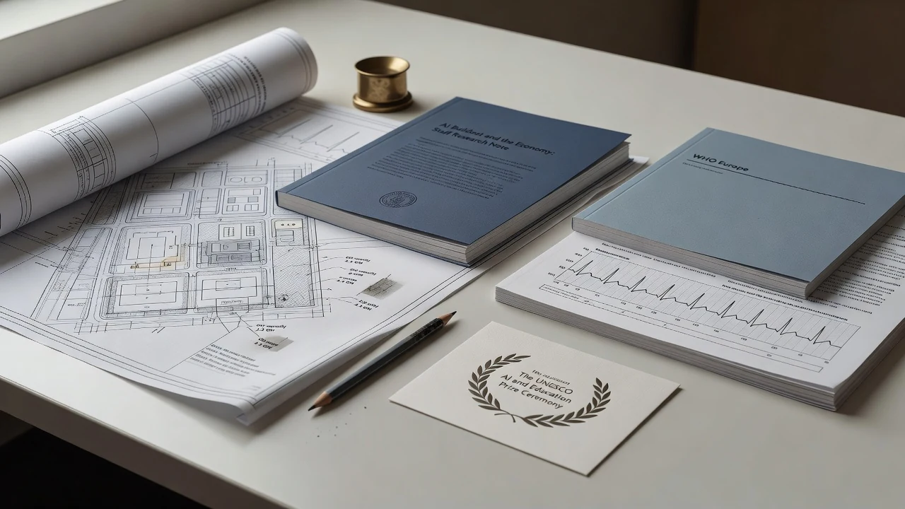 Editorial still life with a DOE Paducah AI/HPC campus site plan, a Federal Reserve FEDS Note on the AI buildout and the economy, a WHO/Europe responsible AI in health governance report, a Lancet Digital Health ECG-CLIP foundation-model figure, and a UNESCO ICT in Education Prize invitation card