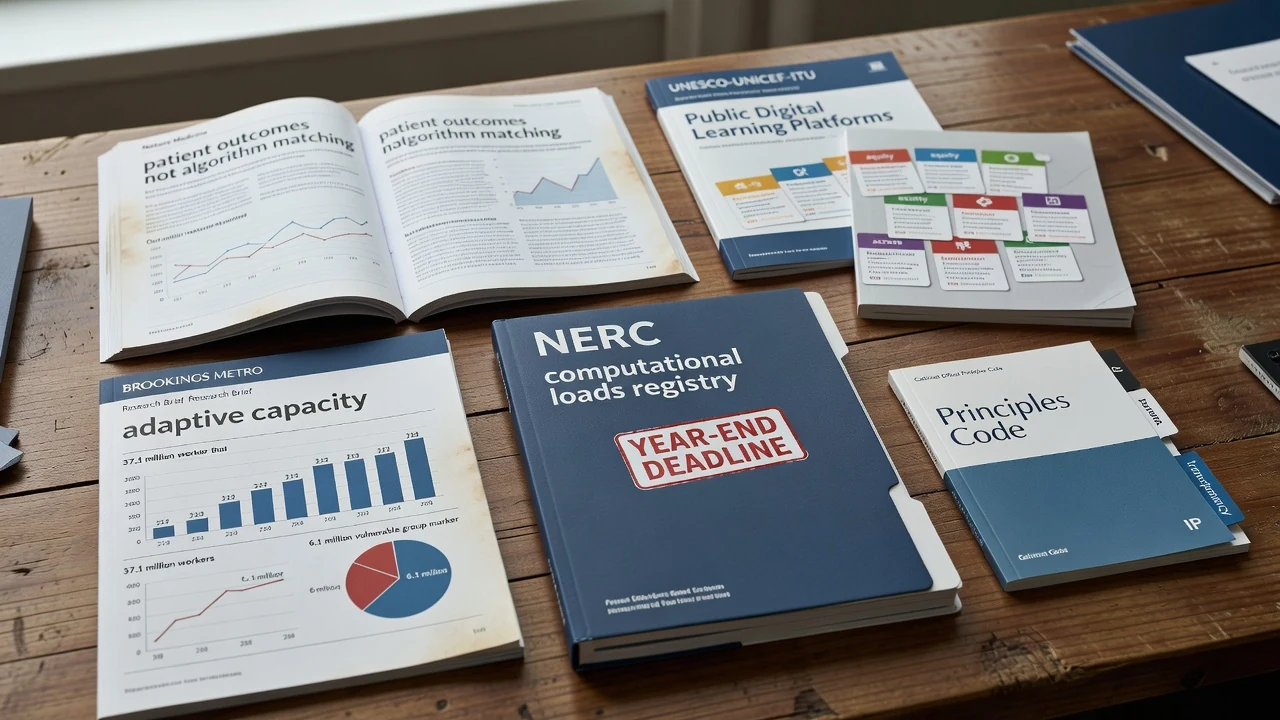 Editorial still life with a Brookings Metro adaptive-capacity research brief, a NERC computational-load registry and standards deadline folder, a Japan Cabinet Office generative-AI Principles Code booklet, a Nature Medicine comment on patient outcomes for human–AI systems, and a UNESCO–UNICEF–ITU Charter for Public Digital Learning Platforms card