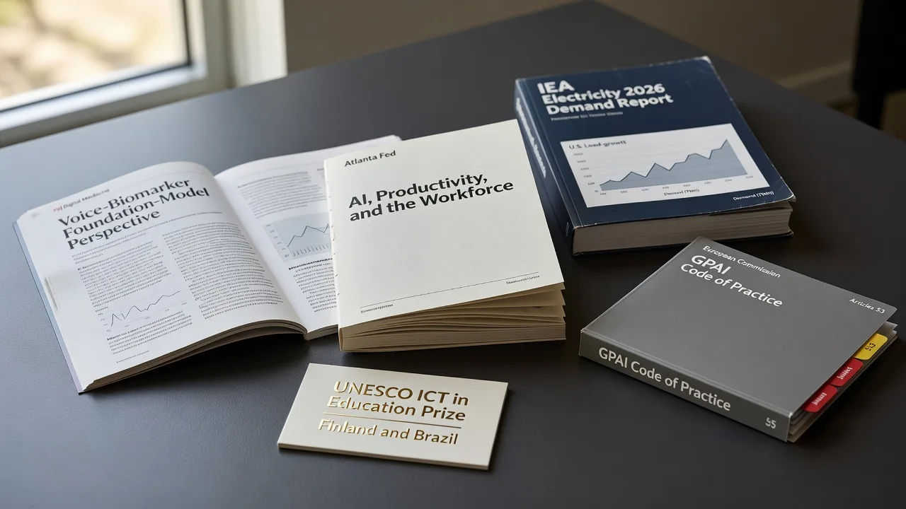 Editorial still life with an Atlanta Fed working-paper booklet on AI productivity and the workforce, an IEA Electricity 2026 Demand report on U.S. load growth, a European Commission GPAI Code of Practice binder for Articles 53 and 55, an npj Digital Medicine perspective on a voice-biomarker foundation model, and a UNESCO ICT in Education Prize ceremony card for Finland and Brazil