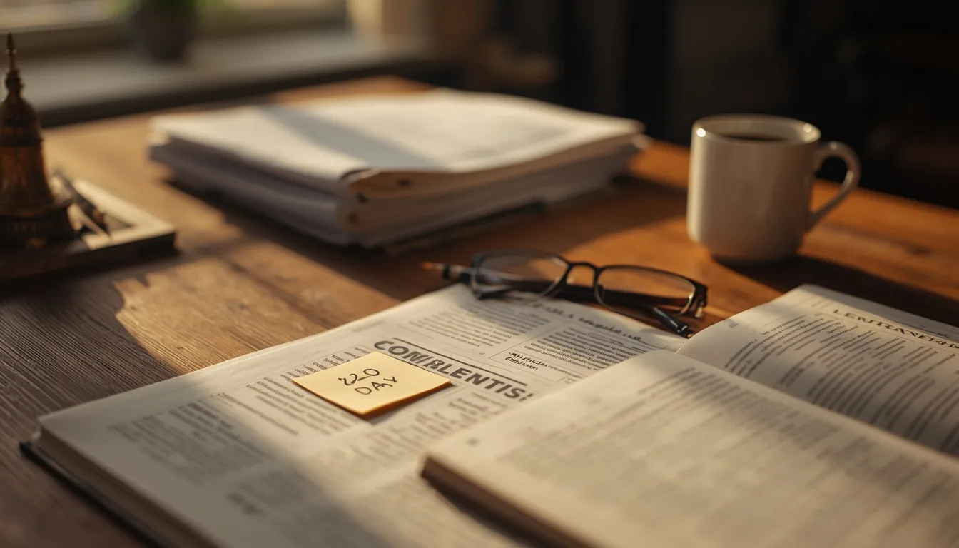 Photoreal editorial desk still life under soft daylight: open notebook with handwritten notes, printed planning documents, laptop edge, coffee cup, reading glasses, and hands resting near papers — warm workspace atmosphere for the September 22 AI Footprint edition