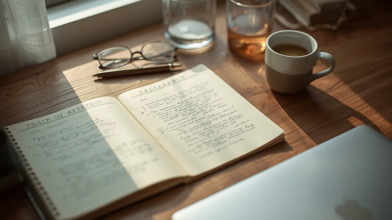 Photoreal editorial desk still life under soft daylight: open notebook with handwritten notes, printed research pages, laptop edge, coffee cup, reading glasses, and a fountain pen — warm workspace atmosphere for the September 26 AI Footprint edition