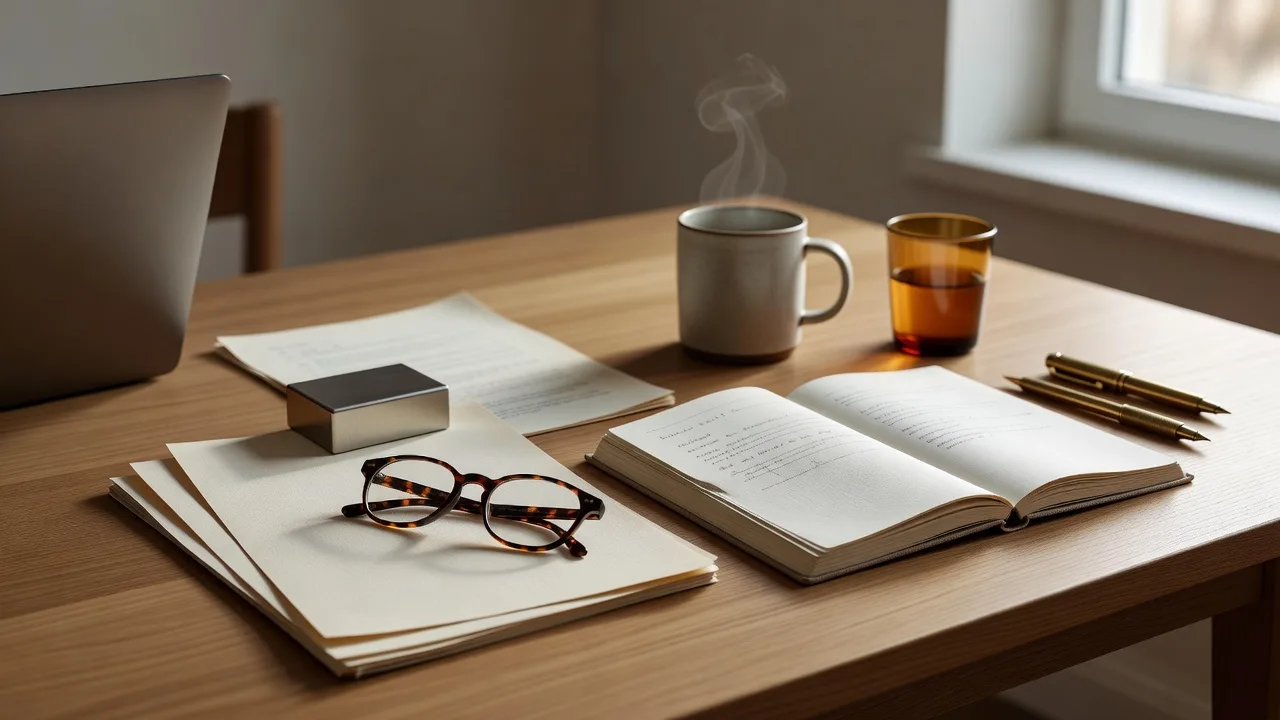 Photoreal editorial desk still life under soft daylight: open notebook with handwritten notes, printed research pages, laptop edge, coffee cup, reading glasses, and a fountain pen — warm workspace atmosphere for the September 27 AI Footprint edition