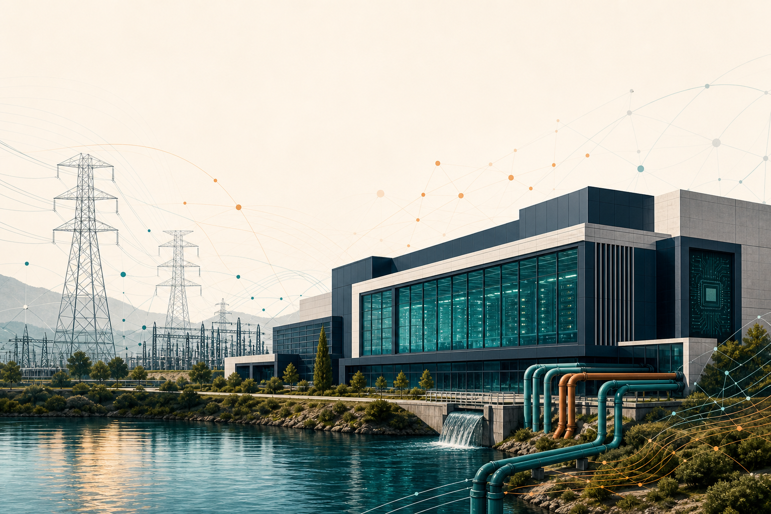 Editorial image showing a data center, grid lines, and water infrastructure for the Environment beat
