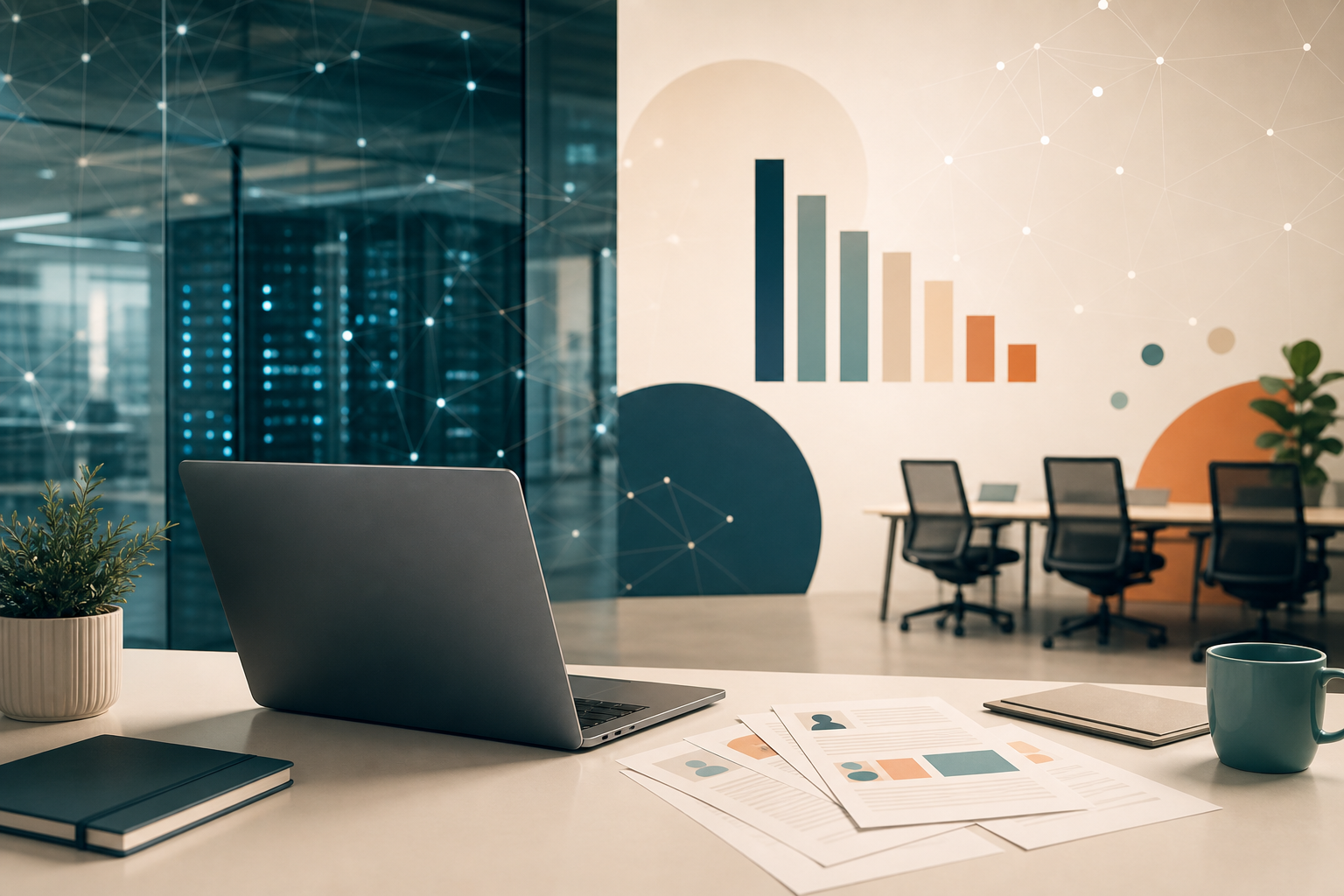 Editorial image showing a clean office desk, hiring materials, and abstract workforce data for the Jobs beat